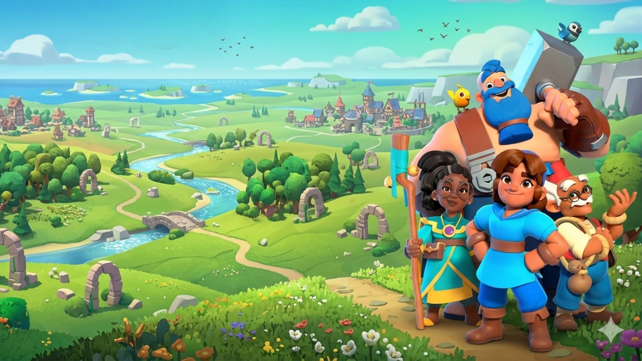 Everdale characters overlook a green valley with villages, stone arches, and a winding river.