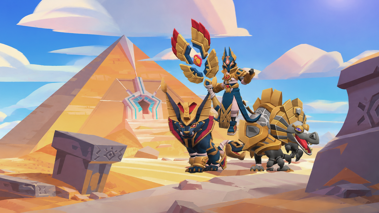 An armored mo.co rider poses with two mounts beside a pyramid in a yellow-and-blue desert landscape.