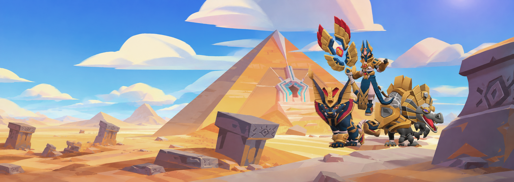An armored mo.co hero rides between two mounts in a wide desert landscape.