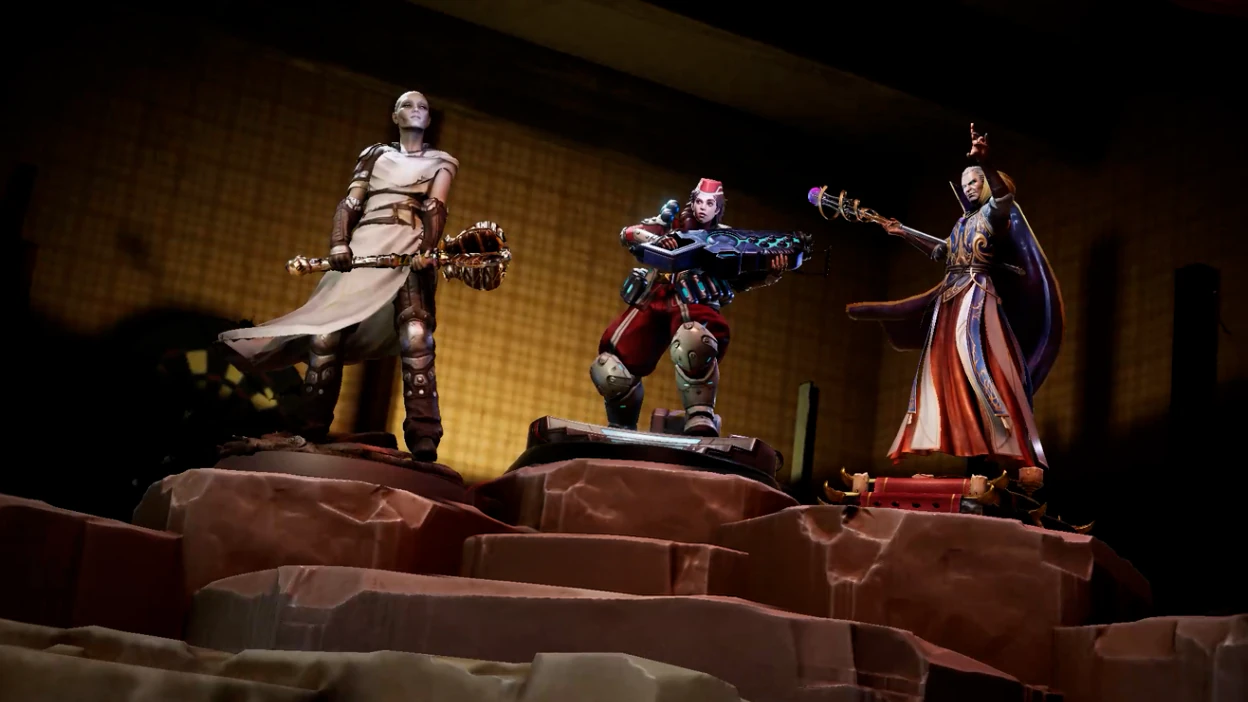 Three Spellcraft characters stand on angular stone platforms in a warmly lit interior.