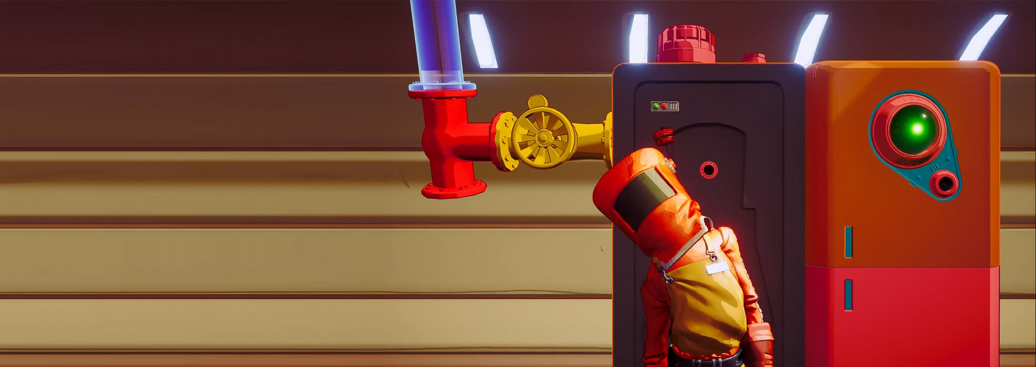 An orange-suited worker leans against dark machinery beside an orange refrigerator with a green lens.